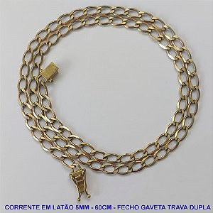 CORRENTE NO BRUTO PRONTO PARA O BANHO - CORRENTE EM LATÃO (M01128) - COMPRIMENTO: 60CM - LARGURA 5MM - FECHO GAVETA COM TRAVA DUPLA - PESO 15,8GR - COMPOSIÇÃO: 100% LATÃO - BRU9773