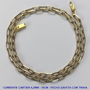 CORRENTE NO BRUTO PRONTO PARA O BANHO - CORRENTE CARTIER (KDL1.50) - COMPRIMENTO: 70CM - LARGURA 4,2MM - FECHO GAVETA COM TRAVA - PESO 17.3GR - COMPOSIÇÃO: 100% LATÃO - BRU9784