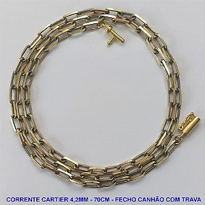 CORRENTE NO BRUTO PRONTO PARA O BANHO - CORRENTE CARTIER (KDL1.50) - COMPRIMENTO: 70CM - LARGURA 4,2MM - FECHO CANHÃO COM TRAVA - PESO 18,1GR - COMPOSIÇÃO: 100% LATÃO - BRU9790