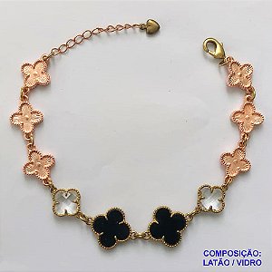 PULSEIRA NO BRUTO PRONTO PARA O BANHO - PULSEIRA COM 10 PINGENTES TIPO VAN CLEEF EM VIDRO  E  LATÃO - TAMANHO 18CM COM EXTENSOR E FECHO LAGOSTA - COMPOSIÇÃO: LATÃO / VIDRO - PESO 8,8GR - BRU9826