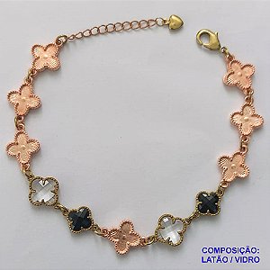 PULSEIRA NO BRUTO PRONTO PARA O BANHO - PULSEIRA COM 11 PINGENTES TIPO VAN CLEEF EM VIDRO  E  LATÃO - TAMANHO 18CM COM EXTENSOR E FECHO LAGOSTA - COMPOSIÇÃO: LATÃO / VIDRO - PESO 9GR - BRU9827