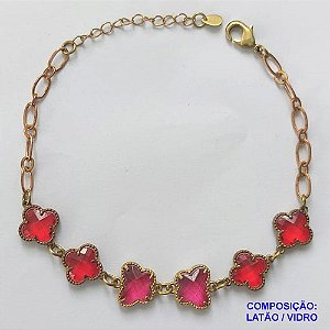 PULSEIRA NO BRUTO PRONTO PARA O BANHO - PULSEIRA COM 6 PINGENTES TIPO VAN CLEEF EM VIDRO VERMELHO - TAMANHO 18CM COM EXTENSOR E FECHO LAGOSTA - COMPOSIÇÃO: LATÃO / VIDRO - PESO 6,8GR - BRU9828