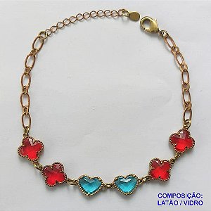 PULSEIRA NO BRUTO PRONTO PARA O BANHO - PULSEIRA COM 6 PINGENTES TIPO VAN CLEEF EM VIDRO  - TAMANHO 18CM COM EXTENSOR E FECHO LAGOSTA - COMPOSIÇÃO: LATÃO / VIDRO - PESO 6,4GR - BRU9829