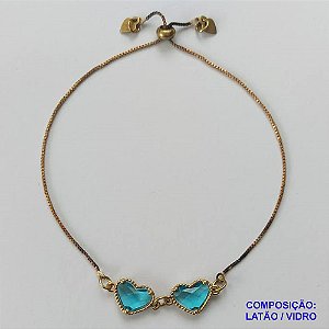 PULSEIRA GRAVATINHA NO BRUTO PRONTO PARA O BANHO - PULSEIRA AJUSTÁVEL TIPO VAN CLEEF COM PINGENTES CORAÇÕES EM VIDROS AZUIS 9MM - PESO 2,4GR - COMPOSIÇÃO: LATÃO / VIDRO -BRU9830