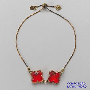 PULSEIRA GRAVATINHA NO BRUTO PRONTO PARA O BANHO - PULSEIRA AJUSTÁVEL TIPO VAN CLEEF COM PINGENTES EM VIDROS VERMELHOS - PESO 3,9GR - COMPOSIÇÃO: LATÃO / VIDRO - BRU9832