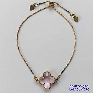 PULSEIRA GRAVATINHA NO BRUTO PRONTO PARA O BANHO - PULSEIRA AJUSTÁVEL TIPO VAN CLEEF COM PINGENTES EM VIDRO ROSA 14MM - PESO 2,4GR - COMPOSIÇÃO: LATÃO / VIDRO - BRU9834