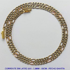 CORRENTE MASCULINA NO BRUTO PRONTO PARA O BANHO - CORRENTE 5X1 (M5118) - TAMANHO : 50CM - LARGURA 3,9MM - FECHO GAVETA COM TRAVA - PESO 10,8GR - COMPOSIÇÃO: 100% LATÃO - BRU9841