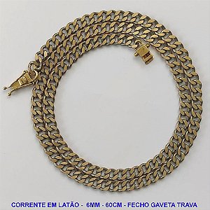 CORRENTE MASCULINA NO BRUTO PRONTO PARA O BANHO - CORRENTE EM LATÃO  (M10154) - TAMANHO 60CM - LARGURA 6MM - FECHO GAVETA COM TRAVA DUPLA - PESO 35,3GR - COMPOSIÇÃO: 100% LATÃO - BRU9892