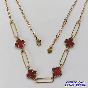 SHOCKER NO BRUTO PRONTO PARA O BANHO TIPO VAN CLEEF COM 4 PINGENTES 11MM E ELEMENTOS VAZADOS - SHOCKER  COM CORRENTE LONGA DE 40CM + EXTENSOR - PESO TOTAL: 5,1GR - COMPOSIÇÃO: LATÃO / RESINA BRU9894