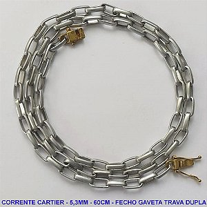 CORRENTE MASCULINA NO BRUTO PRONTO PARA O BANHO - CORRENTE EM ALÚMINIO (M-A14) - TAMANHO 60CM - LARGURA 5,3MM - FECHO GAVETA COM TRAVA DUPLA - PESO 12,8GR - COMPOSIÇÃO: ALUMÍNIO - BRU9897