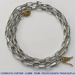 CORRENTE MASCULINA NO BRUTO PRONTO PARA O BANHO - CORRENTE EM ALÚMINIO (M-A14) - TAMANHO 70CM - LARGURA 5,3MM - FECHO GAVETA TRAVA DUPLA - PESO 14,6GR - COMPOSIÇÃO: ALUMÍNIO - BRU9901