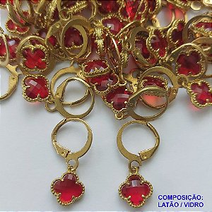 BRINCO NO BRUTO PRONTO PARA O BANHO(CX91) -  BRINCO ARGOLINHA DE PRESSÃO (TRANQUETA) COM PINGENTE TIPO VAN CLEEF 9MM VERMELHO - PESO 1,7GR - BRU9913