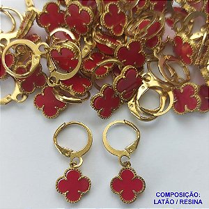 BRINCO NO BRUTO PRONTO PARA O BANHO -  BRINCO ARGOLINHA DE PRESSÃO (TRANQUETA) COM PINGENTE TIPO VAN CLEEF 10MM VERMELHO - COMPOSIÇÃO: LATÃO / RESINA - PESO 1,5GR - BRU9914