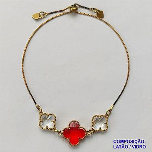 PULSEIRA GRAVATINHA NO BRUTO PRONTO PARA O BANHO - PULSEIRA AJUSTÁVEL TIPO VAN CLEEF COM PINGENTES EM VIDROS CRISTAIS 11MM E VERMELHO 15MM - PESO 4GR - COMPOSIÇÃO: LATÃO / VIDRO - BRU9919