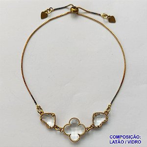 PULSEIRA GRAVATINHA NO BRUTO PRONTO PARA O BANHO - PULSEIRA AJUSTÁVEL TIPO VAN CLEEF COM PINGENTES EM VIDROS CRISTAIS 11MM E 15MM - PESO 4GR - COMPOSIÇÃO: LATÃO / VIDRO - BRU9920