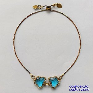 PULSEIRA GRAVATINHA NO BRUTO PRONTO PARA O BANHO - PULSEIRA AJUSTÁVEL TIPO VAN CLEEF COM PINGENTES EM VIDROS AZUIS 12MM - PESO 2,8GR - COMPOSIÇÃO: LATÃO / VIDRO - BRU9921