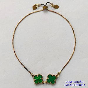 PULSEIRA GRAVATINHA NO BRUTO PRONTO PARA O BANHO - PULSEIRA AJUSTÁVEL TIPO VAN CLEEF COM PINGENTES EM RESINAS VERDES 11MM - PESO 2,1GR - COMPOSIÇÃO: LATÃO / RESINA - BRU9923