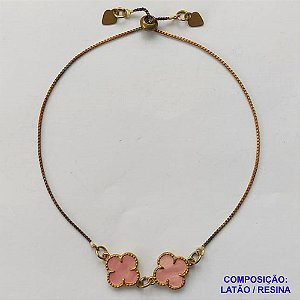 PULSEIRA GRAVATINHA NO BRUTO PRONTO PARA O BANHO - PULSEIRA AJUSTÁVEL TIPO VAN CLEEF COM PINGENTES EM RESINAS ROSA 11MM - PESO 2,1GR - COMPOSIÇÃO: LATÃO / RESINA - BRU9924