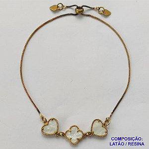 PULSEIRA GRAVATINHA NO BRUTO PRONTO PARA O BANHO - PULSEIRA AJUSTÁVEL TIPO VAN CLEEF COM PINGENTES EM RESINAS MADRE PÉROLA 11MM - PESO 2,6GR - COMPOSIÇÃO: LATÃO / RESINA - BRU9925