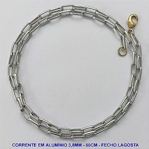 CORRENTE MASCULINA NO BRUTO PRONTO PARA O BANHO - CORRENTE EM ALÚMINIO (A11) - TAMANHO 60CM - LARGURA 3,8MM - FECHO LAGOSTA - PESO 4,9GR - COMPOSIÇÃO: ALUMÍNIO - BRU9991