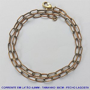 CORRENTE NO BRUTO PRONTO PARA O BANHO - CORRENTE EM LATÃO (MM11SL) - TAMANHO 50CM - LARGURA 4,6MM - FECHO LAGOSTA - PESO 9,7GR - COMPOSIÇÃO: 100% LATÃO - BRU10005