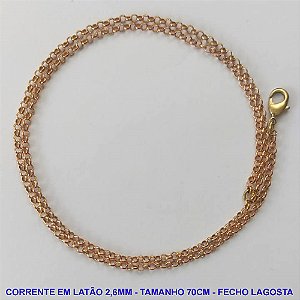 CORRENTE NO BRUTO PRONTO PARA O BANHO - CORRENTE EM LATÃO (P154) - TAMANHO 70CM - LARGURA 2,6MM - FECHO LAGOSTA - PESO 5,3GR - COMPOSIÇÃO: 100% LATÃO - BRU10012