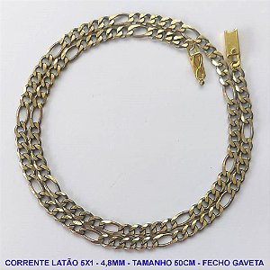 CORRENTE NO BRUTO PRONTO PARA O BANHO - CORRENTE EM LATÃO 5X1 (M51128) - TAMANHO 50CM - LARGURA 4,8MM - FECHO GAVETA COM TRAVA - PESO 15,2GR - COMPOSIÇÃO: 100% LATÃO - BRU10018