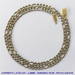 CORRENTE NO BRUTO PRONTO PARA O BANHO - CORRENTE EM LATÃO 5X1 (M51128) - TAMANHO 70CM - LARGURA 4,8MM - FECHO GAVETA COM TRAVA - PESO 21,2GR - COMPOSIÇÃO: 100% LATÃO - BRU10020