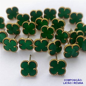 BRINCO NO BRUTO PRONTO PARA O BANHO(CX44) -  BRINCO DE PINO COM PINGENTE TIPO VAN CLEEF 10MM VERDE - COMPOSIÇÃO: LATÃO / RESINA - PESO 1,5GR - BRU10024