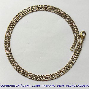 CORRENTE NO BRUTO PRONTO PARA O BANHO - CORRENTE EM LATÃO (M5188) - TAMANHO 60CM - LARGURA 3,2MM - FECHO LAGOSTA - PESO 7,9GR - COMPOSIÇÃO: 100% LATÃO - BRU10045