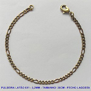 PULSEIRA NO BRUTO PRONTO PARA O BANHO - PULSEIRA EM LATÃO (M5188) - TAMANHO 25CM - LARGURA 3,2MM - FECHO LAGOSTA - PESO 3,4GR - COMPOSIÇÃO: 100% LATÃO - BRU10048