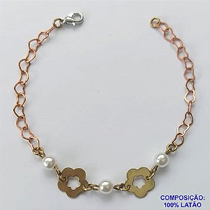 PULSEIRA NO BRUTO PRONTO PARA O BANHO(CX66) - PULSEIRA COM PÉROLAS E FLORES VAZADAS - TAMANHO: 18CM COM FECHO LAGOSTA - PESO 2,6GR - BRU10077