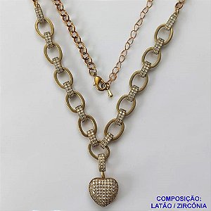 GARGANTILHA NO BRUTO PRONTO PARA O BANHO - CORRENTE CRAVEJADA COM PINGENTE DE CORAÇÃO CRAVEJADO EM MICRO ZIRCÔNIAS - TAMANHO: 45CM + EXTENSOR E FECHO LAGOSTA - PESO 23,9GR - BRU10082