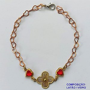 PULSEIRA NO BRUTO PRONTO PARA O BANHO - PULSEIRA TIPO VAN CLEEF COM CORAÇÕES VERMELHOS - TAMANHO: 18CM COM FECHO LAGOSTA - PESO 2,3GR - BRU10087