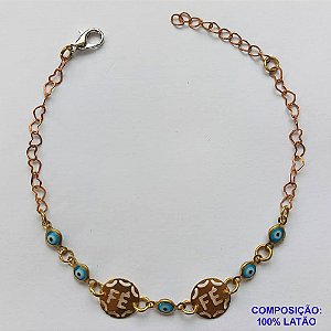 PULSEIRA NO BRUTO PRONTO PARA O BANHO - PULSEIRA COM OLHOS GREGOS E PINGENTES COM PALAVRA FÉ - TAMANHO: 18CM COM FECHO LAGOSTA - PESO 1,8GR -  BRU10091