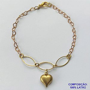 PULSEIRA NO BRUTO PRONTO PARA O BANHO - PULSEIRA COM ELEMENTOS VAZADOS E CORAÇÃO DUPLO - TAMANHO: 18CM COM FECHO LAGOSTA - PESO 2GR -  BRU10092