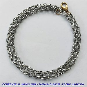 CORRENTE NO BRUTO PRONTO PARA O BANHO - CORRENTE EM ALÚMINIO (A13) - TAMANHO 50CM - LARGURA 5MM - FECHO LAGOSTA - PESO 8,6GR - COMPOSIÇÃO: ALUMÍNIO - BRU10123