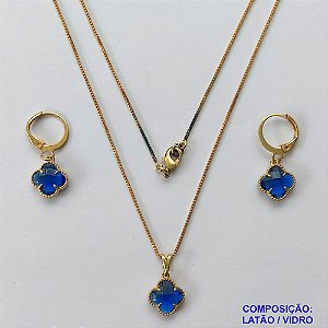CONJUNTO NO BRUTO PRONTO PARA O BANHO - GARGANTILHA COM CORRENTE VENEZIANA DE 45CM - PINGENTE E BRINCOS TIPO VAN CLEEF 10MM EM VIDRO AZUL - BRINCOS ARGOLA DE PRESSÃO - PESO TOTAL: 4,6GR - BRU10140