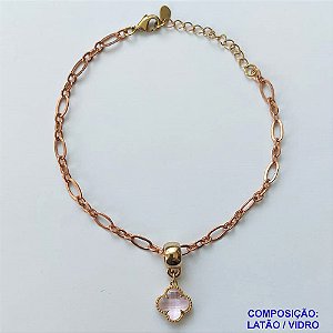 PULSEIRA NO BRUTO PRONTO PARA O BANHO -  PULSEIRA COM PINGENTE TIPO VAN CLEEF 10MM EM VIDRO ROSA - TAMANHO 18CM COM EXTENSOR E FECHO LAGOSTA - PESO 3,2GR - COMPOSIÇÃO: LATÃO / VIDRO - PENDENTE: ABS - BRU10148