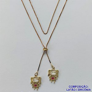 GARGANTILHA NO BRUTO PRONTO PARA O BANHO - COM CORRENTE VENEZIANA DE 70CM -" TIPO GRAVATINHA " - COM PINGENTES DUAS MENINAS COM ZIRCÔNIAS ROSAS - PESO TOTAL 4,4GR - BRU10151