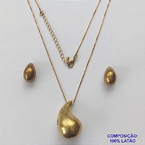 CONJUNTO NO BRUTO PRONTO PARA O BANHO(CX66) - GARGANTILHA COM CORRENTE VENEZIANA DE 45CM + EXTENSOR - PINGENTE GOTA 17X31MM E BRINCOS DE PINO FORMATO GOTA 10X17MM - PESO TOTAL: 10,5GR - COMPOSIÇÃO: 100% LATÃO - BRU10154