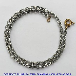 CORRENTE NO BRUTO PRONTO PARA O BANHO - CORRENTE EM ALÚMINIO (A13) - TAMANHO 50CM - LARGURA 5MM - FECHO BÓIA - PESO 8,7GR - COMPOSIÇÃO: ALUMÍNIO - BRU10159
