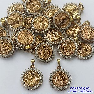 PINGENTE NO BRUTO PRONTO PARA O BANHO (CX23)- PINGENTE MEDALHA NOSSA SRA APARECIDA CRAVEJADO COM MICRO ZIRCONIAS COMPOSIÇÃO: ZIRCÔNIA / LATÃO - TAMANHO 15MM -  PESO TOTAL 2,3GR - BRU0001771