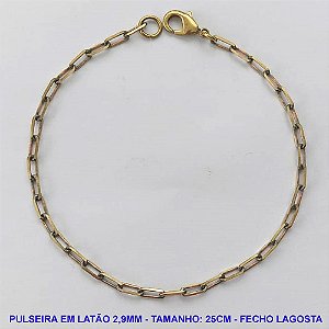 PULSEIRA NO BRUTO PRONTO PARA O BANHO - PULSEIRA EM LATÃO (KDL80) - TAMANHO 25CM - LARGURA 2,9MM - FECHO LAGOSTA - PESO 3,3GR - COMPOSIÇÃO: 100% LATÃO - BRU10180