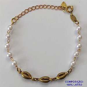PULSEIRA NO BRUTO PRONTO PARA O BANHO(CX66) - PULSEIRA INFANTIL COM PÉROLAS E CONCHAS - TAMANHO 13CM + EXTENSOR - PESO 2,4GR - FECHO REDONDO - BRU10191