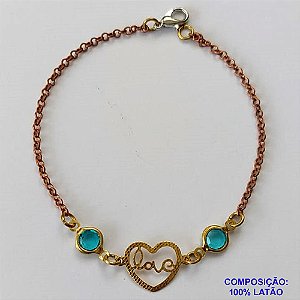 PULSEIRA NO BRUTO PRONTO PARA O BANHO - PULSEIRA COM PEDRAS AZUIS CLARAS E PINGENTE CORAÇÃO VAZADO PALAVRA LOVE - TAMANHO 17CM - PESO 1,8GR - FECHO LAGOSTA - BRU10193
