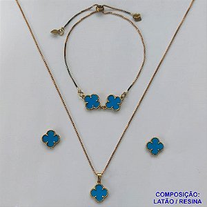 CONJUNTO NO BRUTO PRONTO PARA O BANHO - TIPO VAN CLEEF AZUL (GARGANTILHA, BRINCO E PULSEIRA) PINGENTE 14MM - GARGANTILHA COM CORRENTE VENEZIANA 45CM E FECHO LAGOSTA - BRINCOS DE PINO E PULSEIRA AJUSTÁVEL - PESO TOTAL: 5,8GR - BRU10216