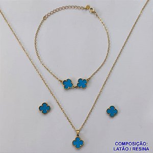 CONJUNTO NO BRUTO PRONTO PARA O BANHO - TIPO VAN CLEEF AZUL (GARGANTILHA, BRINCO E PULSEIRA) PINGENTE 14MM - GARGANTILHA COM CORRENTE CADEADO 45CM E FECHO LAGOSTA - BRINCOS DE PINO E PULSEIRA 18CM - PESO TOTAL: 5,6GR - BRU10218