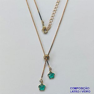 GARGANTILHA NO BRUTO PRONTO PARA O BANHO - COM CORRENTE VENEZIANA DE 45CM + EXTENSOR - " TIPO GRAVATINHA " AJUSTÁVEL - COM DOIS PINGENTES FLOR VERDE 6MM - PESO TOTAL 2,6GR - BRU10223