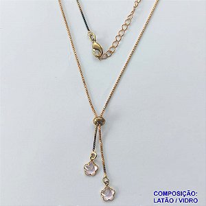 GARGANTILHA NO BRUTO PRONTO PARA O BANHO - COM CORRENTE VENEZIANA DE 45CM + EXTENSOR - " TIPO GRAVATINHA " AJUSTÁVEL - COM DOIS PINGENTES FLOR ROSA 6MM - PESO TOTAL 2,6GR - BRU10226